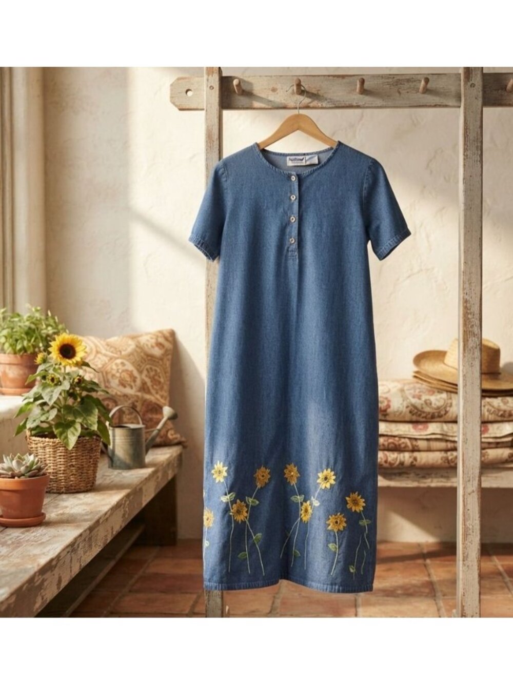 Vintage Women's - National Blue Denim Sunflower Midi Dress, Size Large